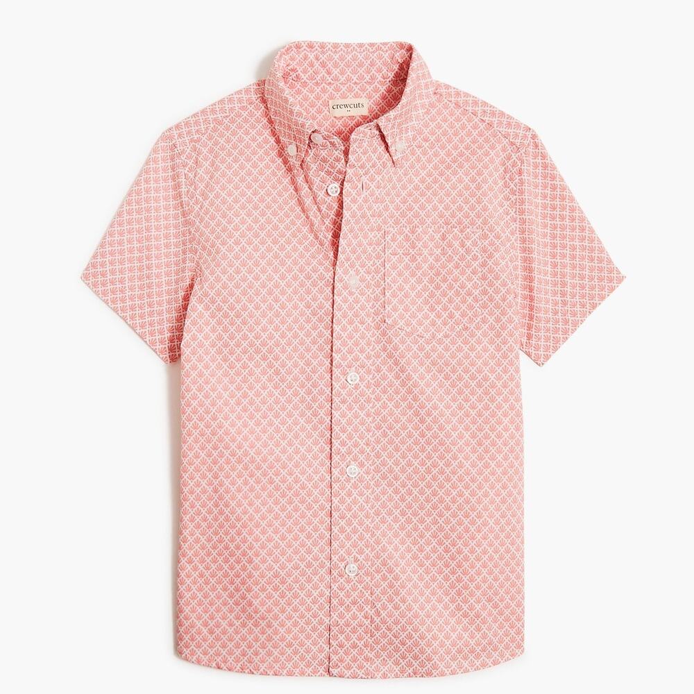 NWT Crewcuts Clam Shell Printed Shirt Button Down Top Pink White Boys Size 6-7